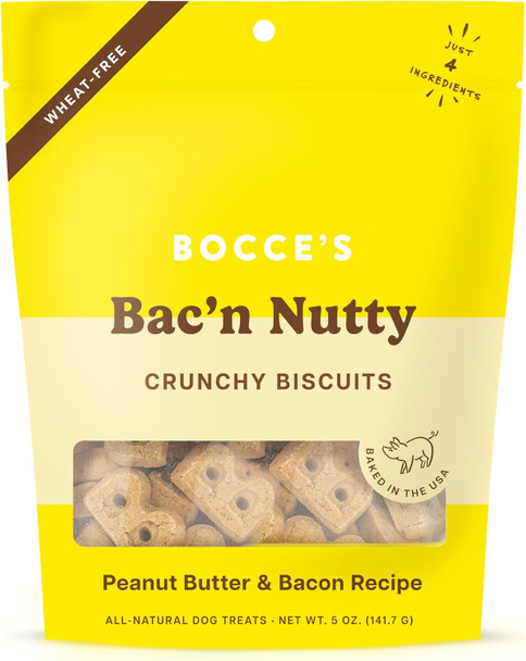 Bocce's Bakery Oven Baked Bac'N Nutty Treats for Dogs, Everyday Wheat- Dog Treats, Made with Real Ingredients, Baked in The USA, All-Natural PB & Bacon Biscuits, 5 oz