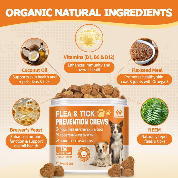 Wachray Flea And Tick Prevention For Dogs Chewables - Natural Dog Flea And Tick Treatment Chewable - Oral Flea Supplement For Dogs - Puppy Flea Support - All Breeds & Ages - 180 Soft Chews