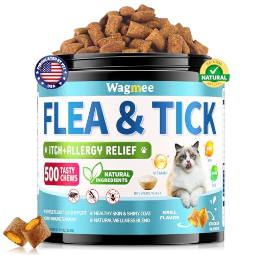 Wagmee Natural Cat Flea Treatment Chewables 500 Crunchy & Creamy Tasty Chews Flea And Tick Prevention For Cats With Skin & Coat Support Oral Flea & Tick Supplement & Allergy Relief For Cats Chicken