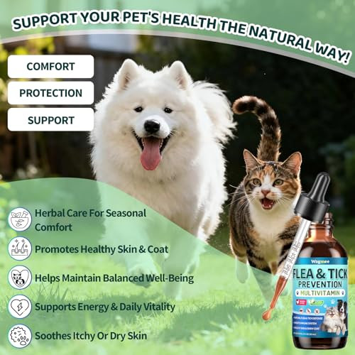 Wagmee Oral Flea & Tick Support For Dogs And Cats Natural Flea And Tick Prevention With Multivitamins - Flea Herbal Supplement Drops For Healthy Skin & Shiny Coat Support - All Breeds And Ages - Chicken