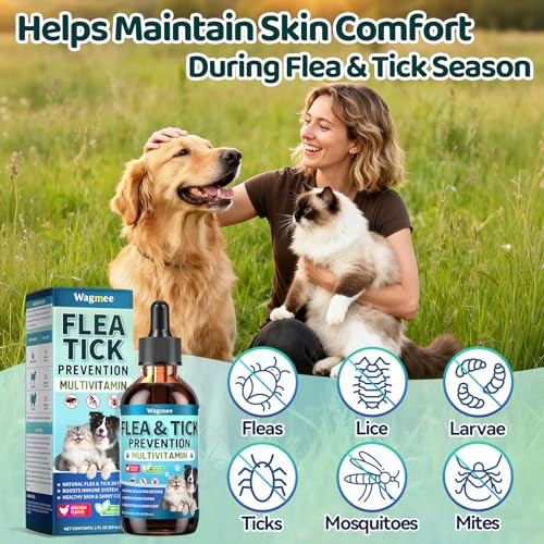Wagmee Oral Flea & Tick Support For Dogs And Cats Natural Flea And Tick Prevention With Multivitamins - Flea Herbal Supplement Drops For Healthy Skin & Shiny Coat Support - All Breeds And Ages - Chicken