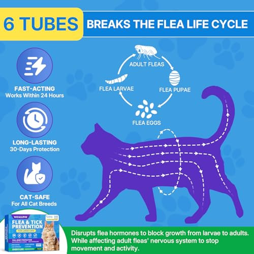 Weallin Flea And Tick Prevention For Large Cat Fleas And Ticks Treatment For Cats Over 9 Lbs Topical Cat Flea Treatment Fast-Acting & Long-Lasting Fleas Control For Cats 6-Dose Supply