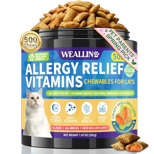 Weallin Allergy Relief For Cats - 500 Crunchy & Krill Core Allergy Treats With Multivitamin Omega-3 Probiotic For Cats Immunity Supports Seasonal Itching Licking & Scratching For All Breeds Chicken Flavor