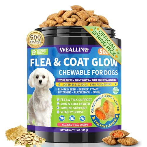 Weallin Flea And Tick Prevention For Dogs Dog Flea Treatment With Skin & Coat Support 500 Crunchy & Krill Chews Dog Flea And Tick Treatment Chewable For Immunity & Energy For All Breeds & Ages Chicken Flavor