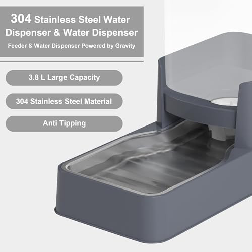 Wefeedy Stainless Steel Cat Feeder And Water DispenserGravity Waterer & Food Feeder Set With Stainless SteelLarge Capacity Pet Food Bowl For Small Medium Dog Pets Puppy Kitten(Grey1 Gallon)