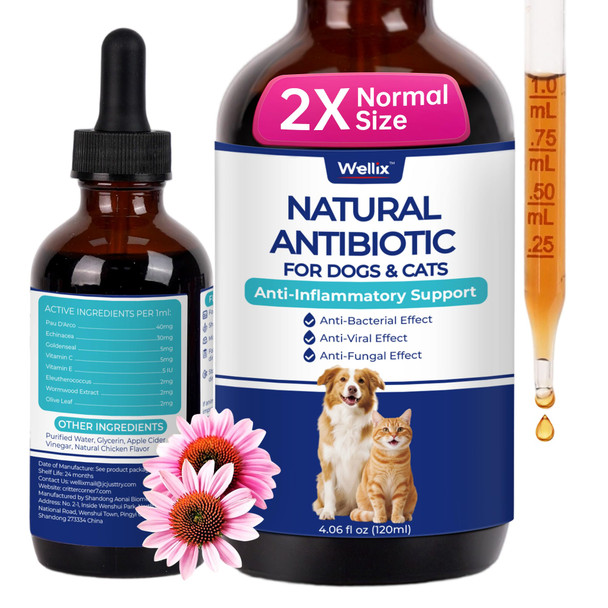 Wellix 120Ml Natural Antibiotics For Cats&Dogs - Natural Herbal Supplement For Wound Care Uti Sneezing Treatment & Cold Relief - Cat Antibiotics Chicken Flavor For All Ages & Breeds