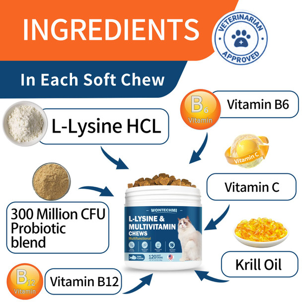 Wontechmi L-Lysine Supplement For Cats Cat Vitamins For Sneezing Runny Nose Cold Immune Support Eye Function And Respiratory Health Natural Lysine Cat Treats (120 Chews Tuna)