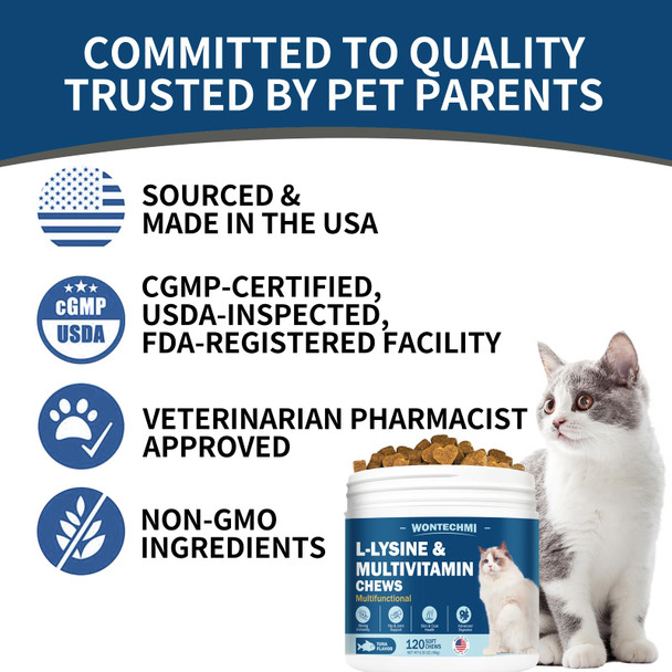 Wontechmi L-Lysine Supplement For Cats Cat Vitamins For Sneezing Runny Nose Cold Immune Support Eye Function And Respiratory Health Natural Lysine Cat Treats (120 Chews Tuna)