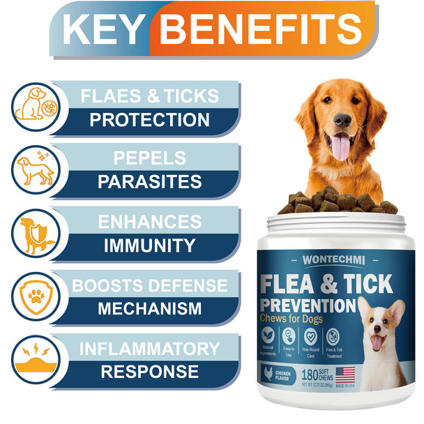 Wontechmi Flea And Tick Prevention For Dogs Chewables 180 Chews Natural Chews Supplement For Dogs Oral Dog Flea And Tick Treatment For All Breeds And Ages (180 Chews Chicken)