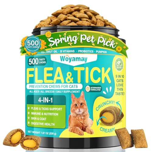 Woyamay 4-In-1 Flea And Tick Prevention For Cats 500 Crunchy & Creamy Chews Cat Flea Treatment Natural Oral Flea Treatment For Cats Daily Support For Flea Immune Skin & Coat Gut Chicken Flavor