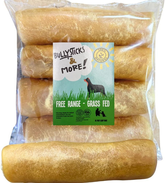 BULLYSTICKS & MORE 6 Inch Beef Collagen Rolls for Dogs (Extra Thick - 4 Count) - Beef Cheek Bones for Dogs - Dog Parents Choice - Premium No Hide Beef Cheek Rolls - Thick Retriever Rolls for Dogs