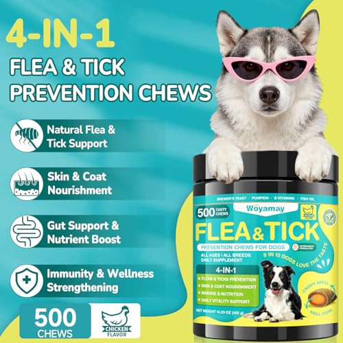 Woyamay 4-In-1 Flea And Tick Prevention For Dogs 500 Crunchy Dog Flea Chews Dog Flea Treatment Natural Oral Flea Treatment For Dogs Daily Support For Flea Skin & Coat Gut Immune Chicken Flavor