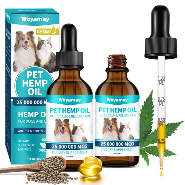 Woyamay Hemp Oil For Dogs And Cats - Hemp Oil Drops Rich In Omega 3 6 9 And Organic Extract Helps Pets With Nxi Ty P In Str Ss Sl P Rthritis S Izures R Lief Pets Calming Treat-2 Pack