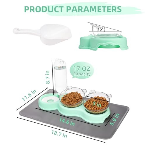 Wringkit Triple Cats Bowls Cat Food Water Bowl With Mat And Scoop 15 Tilted Raised Cat Bowl Dishes With Automatic Water Bottle Pet Feeding Bowls For Cats Small Dogs Wet Dry Food
