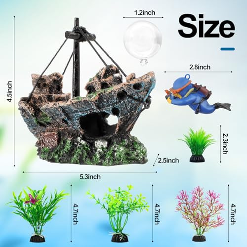 Xereooe 6 Pcs Aquarium Decor Set Shipwreck Decoration Little Diver Floating Fish Tank Decoration Fish Tank Plants