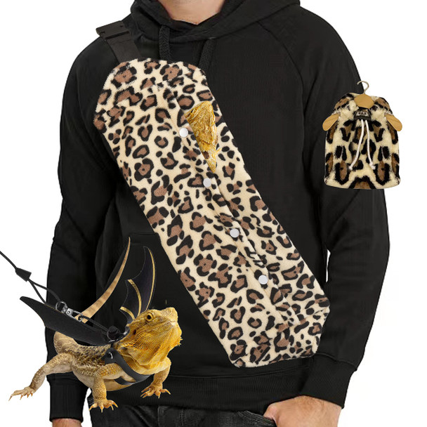 Yosadol Bearded Dragon Leash And Harness Set Beardie Carrier Lizard Adjustable Harness With Leather Wings And Sling Bag Reptile Small Pet Backpack Batwing Accessories (Leopard Pattern)