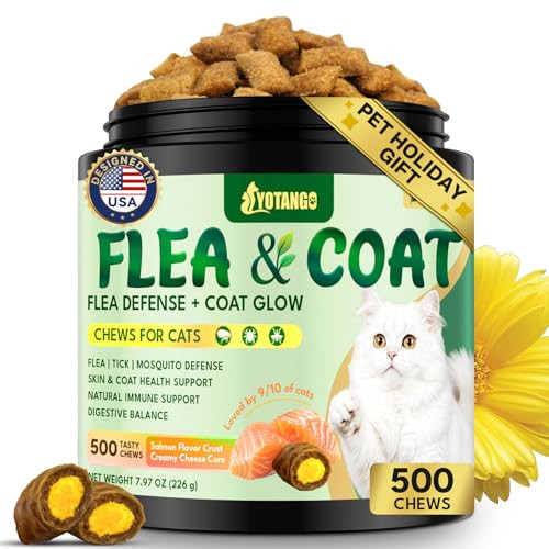 Yotango Cat Flea Treatment Crunchy & Creamy Chewables 500 Chews Natural Flea And Tick Prevention For Cats + Skin And Coat Support Daily Oral Supplement Chewables For Cats And Kittens (Salmon Flavor)