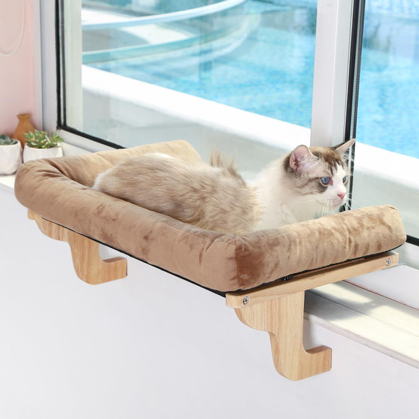 Zakkart Cat Perch For Window Sill With Bolster - Orthopedic Hammock Design With Premium Hardwood & Robust Metal Frame - Cat Window Seat For Large Cats And Kittens - Natural Color Wood Gray Bed 24''W
