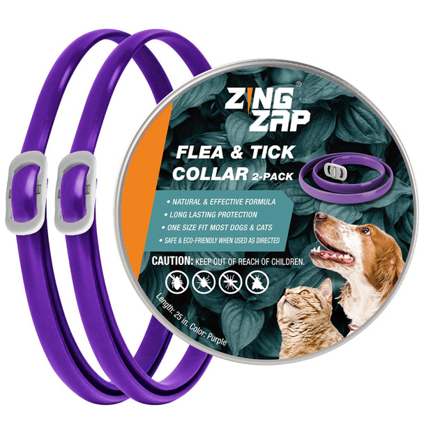 Zingzap Flea & Tick Collar 2-Pack Gray Protects From Biting Insects Adjustable Fits Both Dogs & Cats Built-In Plant Based Formula Slow Release Lasting Protection Waterproof
