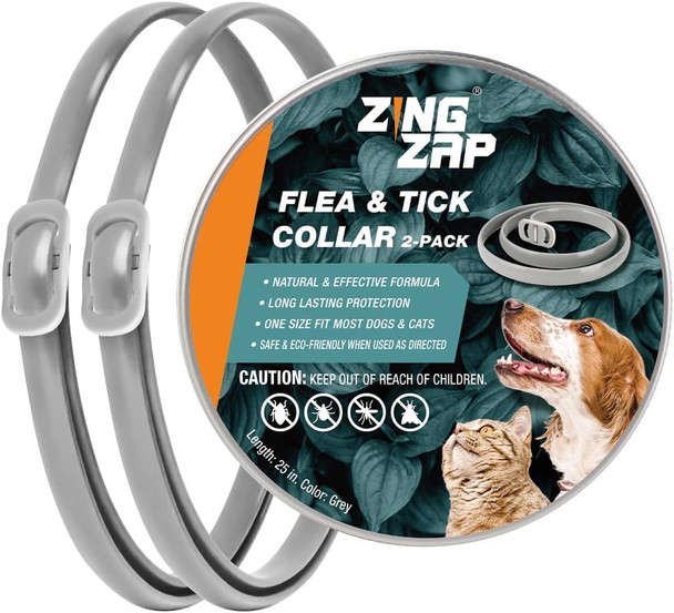 Zingzap Flea & Tick Collar 2-Pack Gray Protects From Biting Insects Adjustable Fits Both Dogs & Cats Built-In Plant Based Formula Slow Release Lasting Protection Waterproof