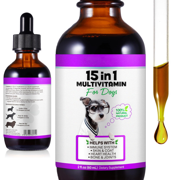 Zixaok 15-In-1 Dog Multivitamin Drops For Dogs Liquid Multivitamin With Glucosamine Msm & Omega For Joint Heart Immune & Skin Health Easy Liquid Drops For Picky Eaters