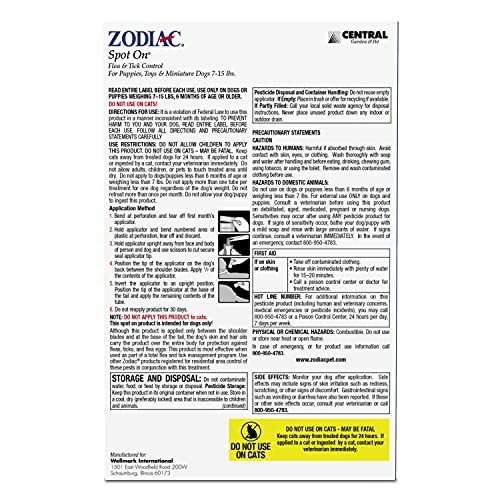 Zodiac Spot On Flea & Tick Control Puppies Toys And Miniature Dogs 7-15 Lbs 4 Pack