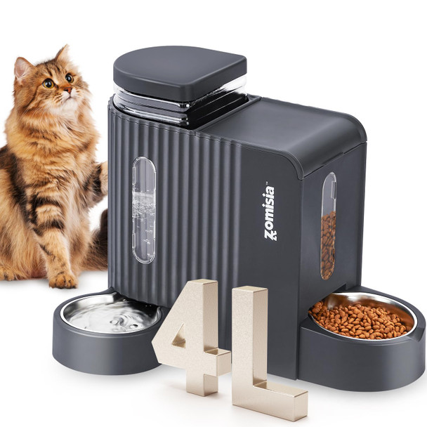 Zomisia Gravity Cat Feeder And Water Dispenser With 304 Stainless Steel Bowls 2 In 1 Automatic Cat Feeder With 180 Degree Rotatable Water Bowl Large Capacity For Puppy Kitten Rabbits Black