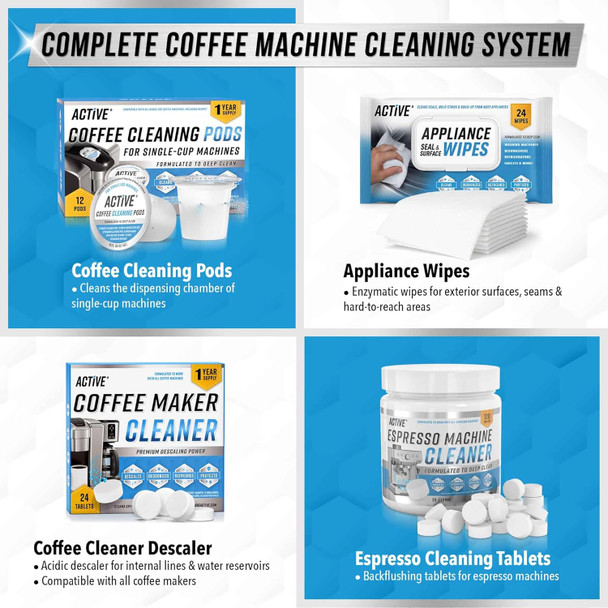 ACTIVE K-Cup Compatible Keurig Cleaning Pods - Quick-Rinse Cleaners for Single Serve Coffee Machine, 12 Month Coffee Maker Cleaner Kit, Brewer Clean Cups for Keurig 1.0, 2.0, Mini Machines - 12 Pack