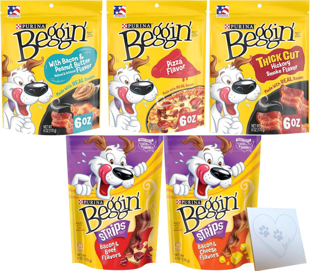 Beggin-Strips Variety Pack - 5 Total Flavors: Pizza, Bacon & Peanut Butter, Bacon & Beef, Bacon & Cheese, and Hickory (6 Ounces each)