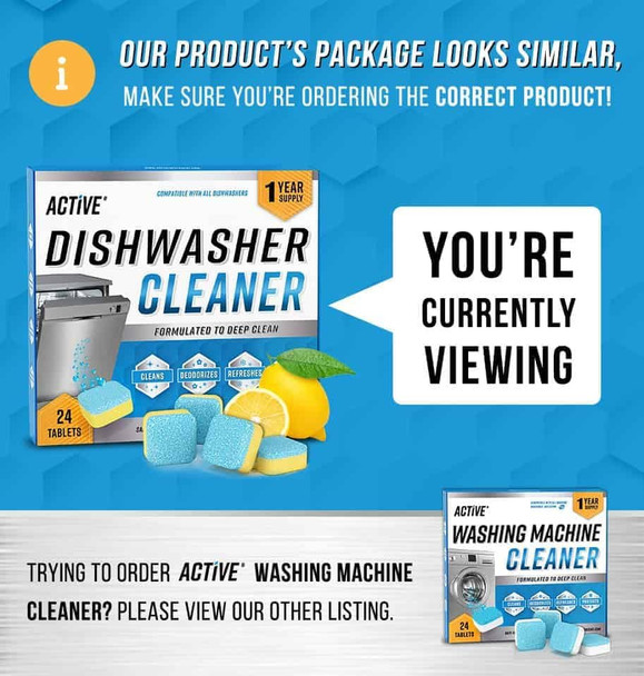 ACTIVE Dishwasher Cleaner And Deodorizer Tablets - 24 Pack Deep Cleaning Descaler Pods for Dish Washer Machine, Heavy Duty, Septic Safe, Natural Limescale Remover, Calcium, Odor, Smell - 12 Month Supply