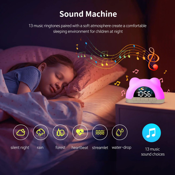 Hournor Kids Alarm Clock Ok to Wake Alarm Clock for Kids Toddlers Sleep Training Clock with 12 Colors Night Light for Bedroom Sound Machine Birthday Gift for Boys Girls Children(Adapter Include)