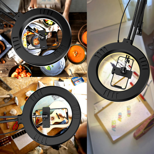 Overhead Camera Mount with Ring Light 6‘’ Overhead Phone Mount Compatible with iPhone Camera Webcam Articulating Arm Phone Mount for YouTube Live Stream Cooking Nail Video Recording