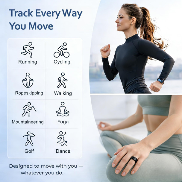 Smart Ring Health and  Fitness Tracker for Men and  Women Heart Rate SPO₂ Sleep and  Activity Monitoring  IP68 Waterproof Long Battery Life Family Care Mode No Subscription Fee (Black, 10)