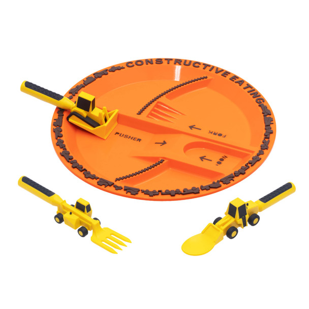 Constructive Eating Plate and Utensils Set - USA-Made Toddler Dinnerware with Divided Plates (Construction)