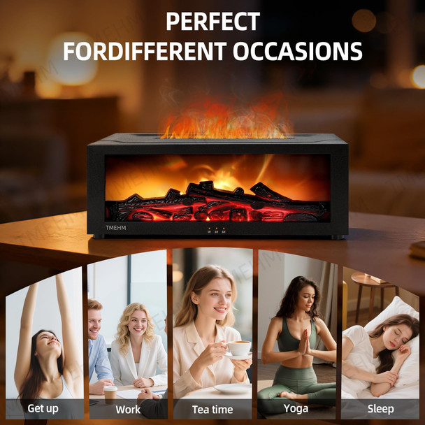 TMEHM Fireplace Flame Air Diffuser Humidifier 7 Colors Aromatherapy Essential Oil Diffuser Ultrasonic Aroma Humidifier with Timer for Home Bedroom,Office Yoga (Black, L)