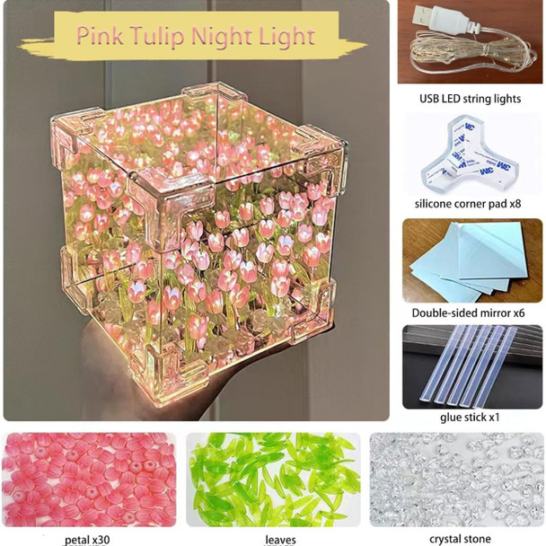 C&M LED Tulip Night Light Decorative Table Lamp with Mirror 21 Flowers Handmade DIY Magic Cube Design (Pink)