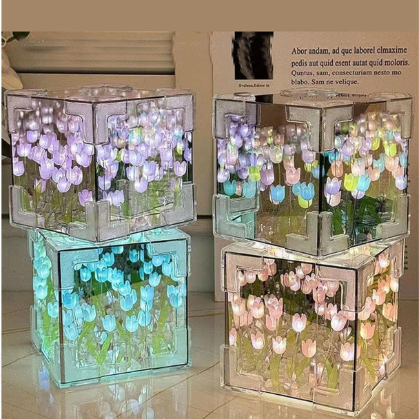 C&M LED Tulip Night Light Decorative Table Lamp with Mirror 21 Flowers Handmade DIY Magic Cube Design (Pink)