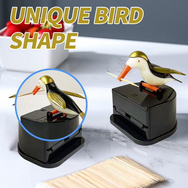 NIIIYTYB Creative Little Bird Toothpick Dispenser Holder  Fun Push Type Woodpecker Holder  Cute and Funny Bird Shape Toothpick Case for Kitchen (White, Black and Gold)