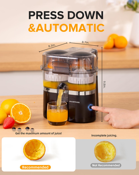 Amzpass Dual-Head Electric Citrus Juicer Lemon Squeezer with Power Cord and Cleaning Brush 1-Button Automatic Juicer Machine for Orange Lemon Lime Easy to Clean and Use Built in Cutter(Black)