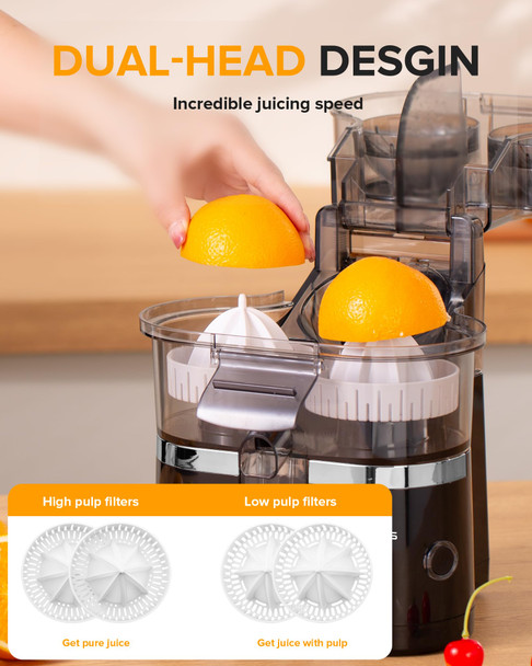Amzpass Dual-Head Electric Citrus Juicer Lemon Squeezer with Power Cord and Cleaning Brush 1-Button Automatic Juicer Machine for Orange Lemon Lime Easy to Clean and Use Built in Cutter(Black)
