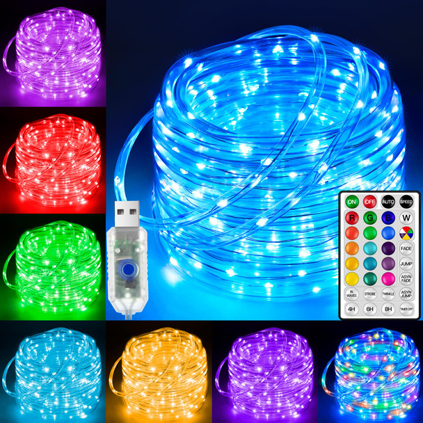 Ollny USB Rope Lights Indoor Color Changing 33FT 100 LED String Lights with Remote 18 Colors Christmas Light for Indoor Bedroom Party Wedding Holiday Decorations