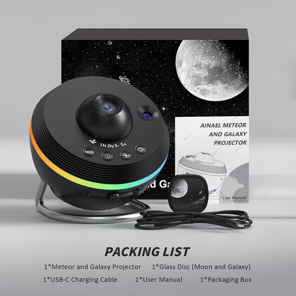 Ainael Galaxy Projector, Star Projector Home Planetarium with 1 Glass Projection Disc, 180° Rotatable Starry Sky Night Light with Meteor Effects & Light Strip for Bedroom, Kids & Adults Gift