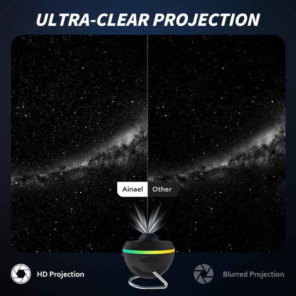 Ainael Galaxy Projector, Star Projector Home Planetarium with 1 Glass Projection Disc, 180° Rotatable Starry Sky Night Light with Meteor Effects & Light Strip for Bedroom, Kids & Adults Gift