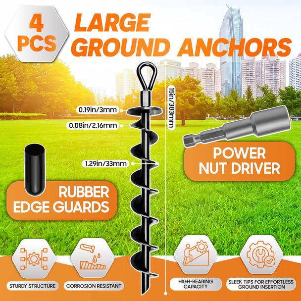 PAMAZY [Premium] 4 Pack Ground Anchors with Power Nut Driver Drill Bit, Ground Anchors Screw in, Swing Set Anchors, Trampoline Anchors High Wind Heavy Duty for Camping Tents, Car Ports, Swing Sets, Canopies