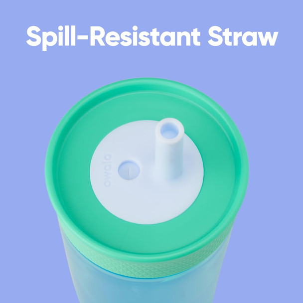Owala Kids Insulation BPA-Free Plastic Tumbler with Spill Resistant Flexible Straw Easy to Clean Kids Water Bottle Great for Travel Dishwasher Safe 15 Oz Teal and Aqua (The Blues)
