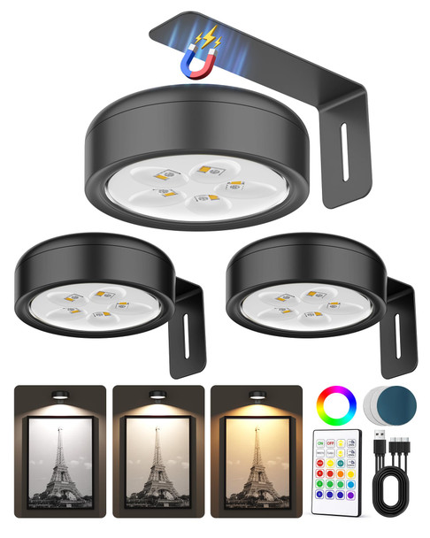 ERMTCTS 3 Pack Picture Lights for Wall,Wireless 2000mAh Rechargeable Magnetic LED Puck Lights with Remote,3 Color Temps and 12 RGB,Dimming & Timer,Art Frame Light for Painting Display,Photos,Wall Decor