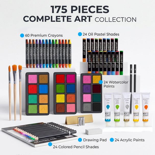 TMOL Art Supplies, 175-Pack Deluxe Art Set Drawing Painting Kit with 2 Drawing Pads, Acrylic Paints, Colored Pencils, Crayons, Art Kit in Wooden Case, Gift for Artist, Adults, Teens and Kids - Cherry