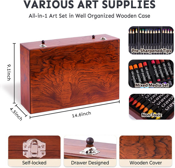 TMOL Art Supplies, 175-Pack Deluxe Art Set Drawing Painting Kit with 2 Drawing Pads, Acrylic Paints, Colored Pencils, Crayons, Art Kit in Wooden Case, Gift for Artist, Adults, Teens and Kids - Cherry