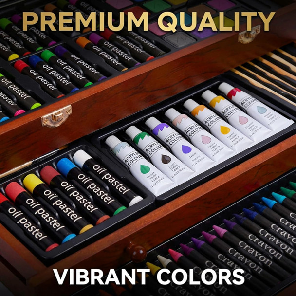 TMOL Art Supplies, 175-Pack Deluxe Art Set Drawing Painting Kit with 2 Drawing Pads, Acrylic Paints, Colored Pencils, Crayons, Art Kit in Wooden Case, Gift for Artist, Adults, Teens and Kids - Cherry