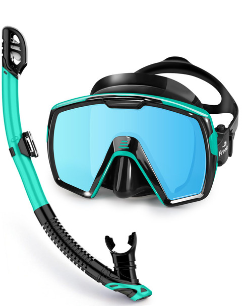 Freela Adult Dry Snorkel Set with Mirrored Lens Anti-Fog 180° Wide View Anti-Fog, Scuba Diving Mask with Nose Cover, Snorkeling Gear for Men Women - Green with Blue